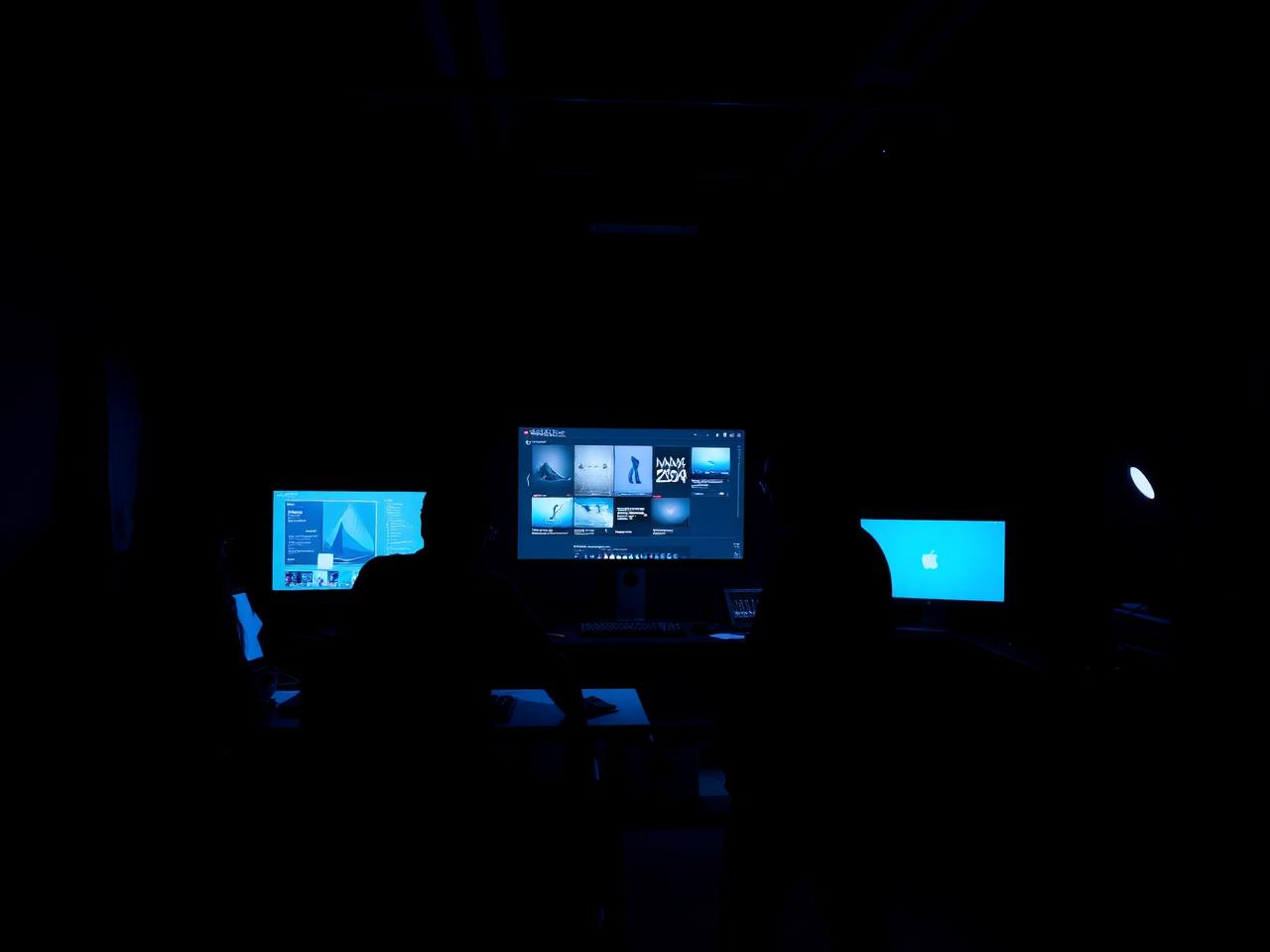 The TetherBlue studio at work, lit by monitor glow